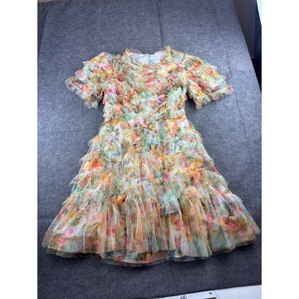Sunset Garden Floral Tulle Ruffle Mini Dress Tiered Frill Fairy Whimsy Tea XL